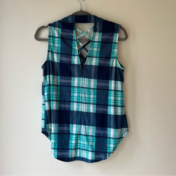 Ardene Plaid Sleeveless Button-Up Tank Top Small Crisscross Back Blue Green Soft - Picture 6 of 11